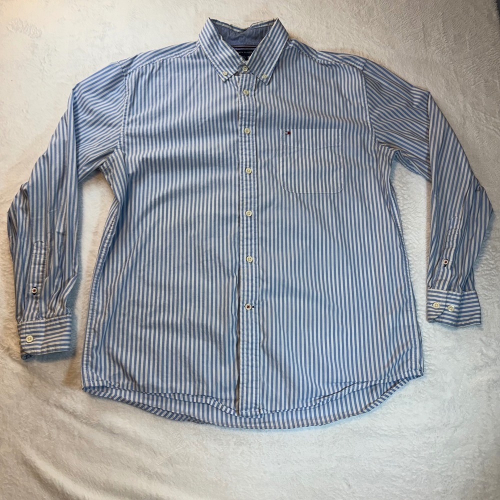 Tommy Hilfiger Mens Classic Fit Stretch Striped Button Down Shirt Blue White L